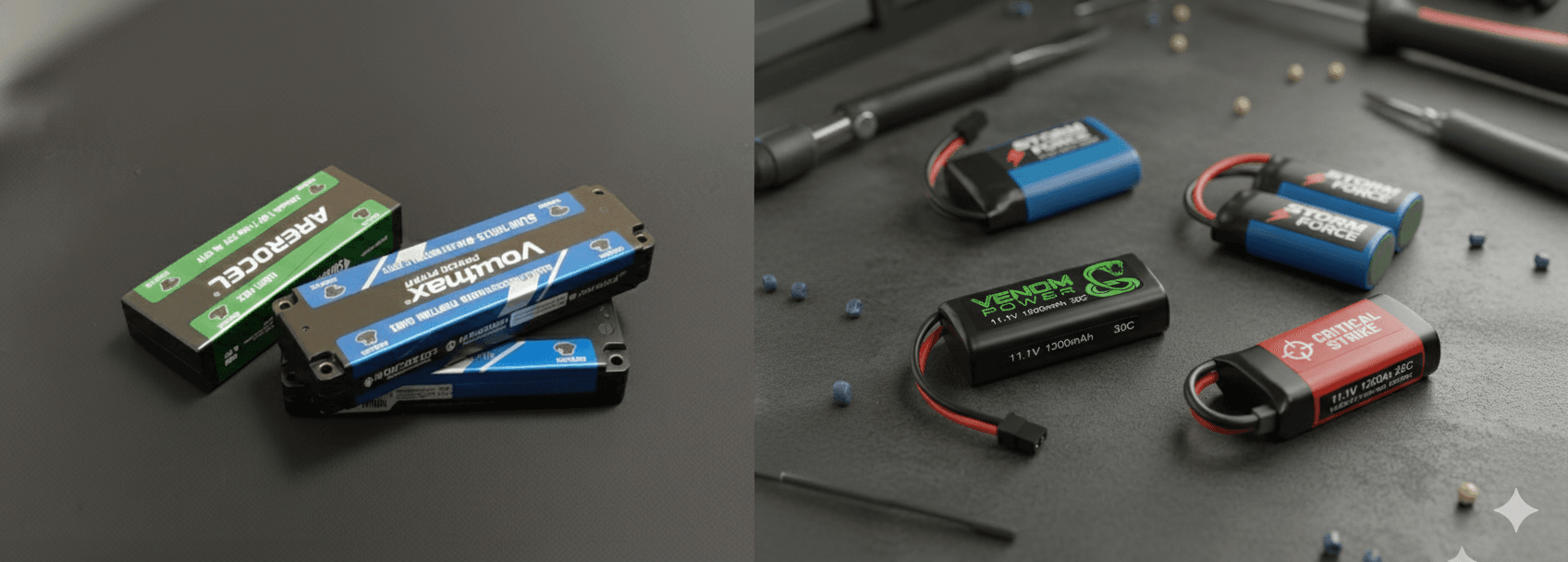 Various LiPo batteries on a dark surface